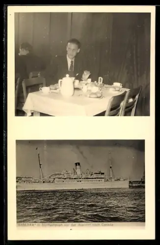 Foto-AK Passagierschiff Canberra in Bremerhaven bei der Ausfahrt nach Kanada, Passagier am Speisetisch