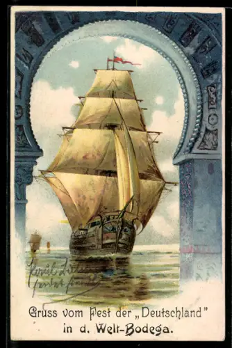 Lithographie Segelschiff unter vollen Segeln in Bugansicht, Fest der Deutschland in der Welt-Bodega