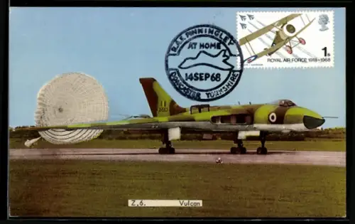 AK Britisches Kampfflugzeug Z.6 Vulcan auf Landebahn mit Bremsschirm