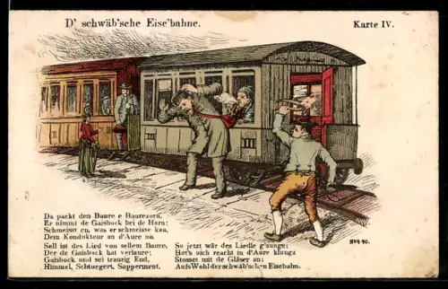 Künstler-AK D`schwäb`sche Eise`bahne, Bauer wirft Ziegenkopf auf Schaffner