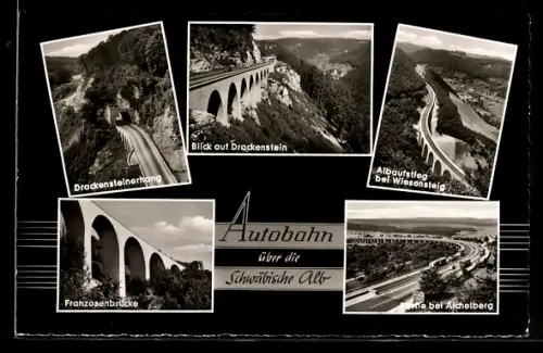 AK Autobahn über die schwäbische Alb, Albaufsteig bei Wiesensteig, Partie bei Aichelberg, Drackensteinerhang