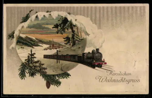 AK Dampflokomotive mit Personzug auf Fahrt durch winterliche Landschaft, Eisenbahn