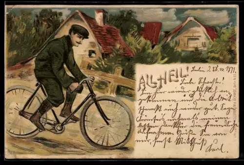 Lithographie All Heil!, Radfahrer auf der Dorfstrasse