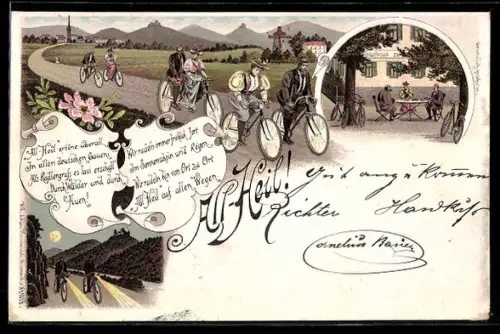 Lithographie Frauen und Männer bei gemeinsamer Fahrt auf Fahrrad und Tandemrad, Gartenbereich von Gasthaus