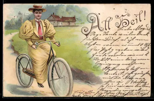 Lithographie Junge Frau im gelben Kleid auf Fahrrad