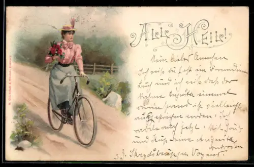Lithographie Hübsche Fahrradfahrerin mit Gruss All Heil!