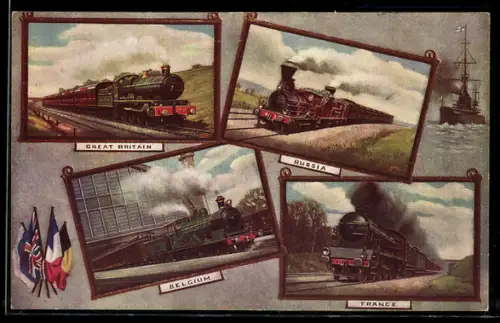 AK Russische Dampflokomotive mit Personenwaggons in Fahrt, russische Eisenbahn, Kriegsschiff