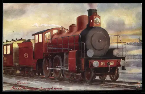 Künstler-AK Russische Eisenbahn des St. Petersburg-Moskau Expresses
