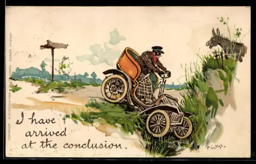 AK Autofahrer lenkt sein Automobil in den Strassengraben, Esel schaut zu