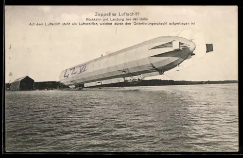 AK Zeppelins Luftschiff, Rückkehr & Landung bei der Halle, Luftschiffer auf Zeppelin stehend