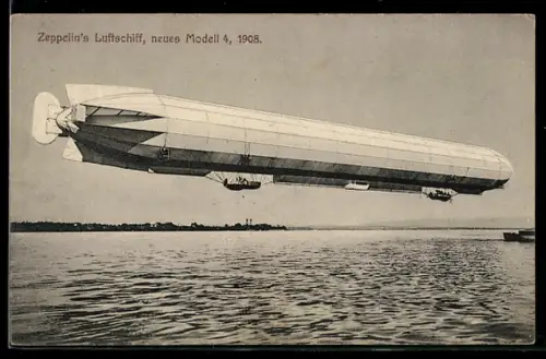AK Zeppelin`s Luftschiff, neues Modell 4, 1908, über dem Wasser