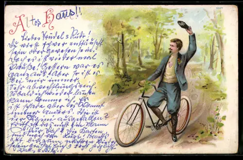 Lithographie Junger Mann auf Fahrrad grüsst