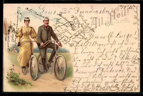 Lithographie Paar bei gemeinsamer Fahrt mit Fahrrad