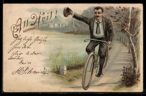 Lithographie Mann fährt mit seinem Fahrrad am Ufer entlang