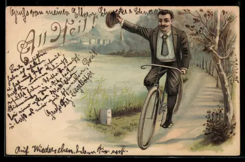 Lithographie Mann fährt mit seinem Fahrrad am Ufer entlang
