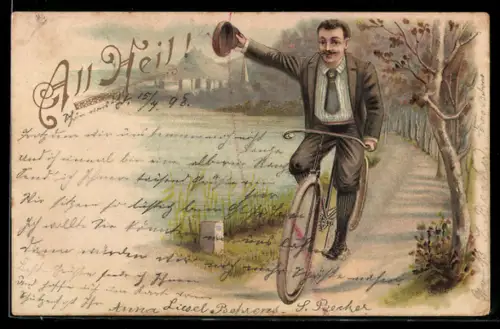 Lithographie Mann fährt mit seinem Fahrrad am Ufer entlang