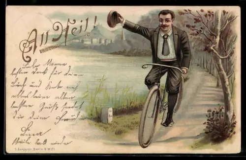 Lithographie Mann fährt mit seinem Fahrrad am Ufer entlang