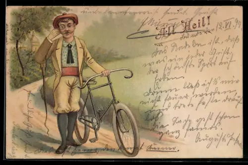 Lithographie All Heil, Mann schiebt sein Fahrrad und trägt Monokel