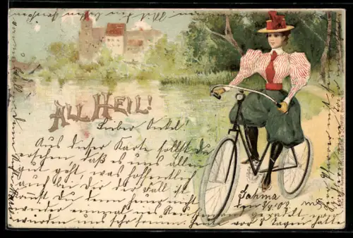 Lithographie Dame auf einem Fahrrad