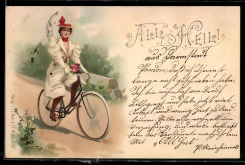Lithographie Junge elegant gekleidete Frau auf Fahrrad