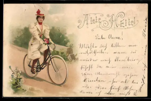 Lithographie All Heil!, Dame macht eine Fahrradtour