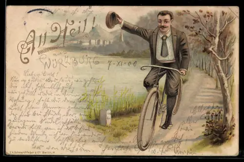 Lithographie Mann fährt mit seinem Fahrrad am Ufer entlang