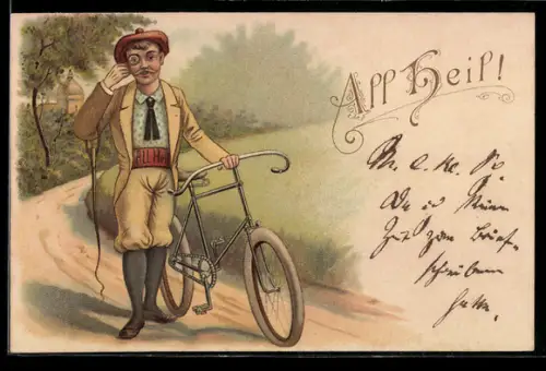 Lithographie All Heil, Mann schiebt sein Fahrrad und trägt Monokel