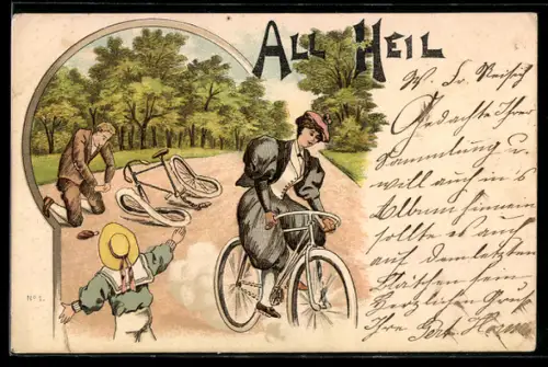 Lithographie All Heil aus dem Harz, Fahrradunfall