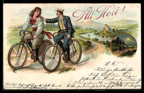 Lithographie Paar beim Fahrrad-Ausflug