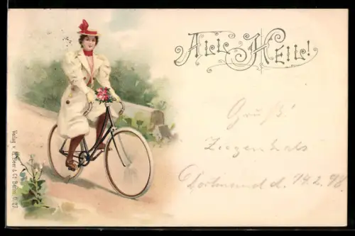 Lithographie Junge Frau im weissem Anzug auf Fahrrad