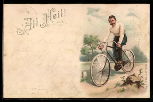 Lithographie All Heil! Athletischer Fahrradfahrer auf Erkundungstour