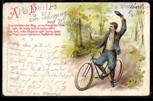 Lithographie Junger Mann mit Fahrrad auf einem Waldweg