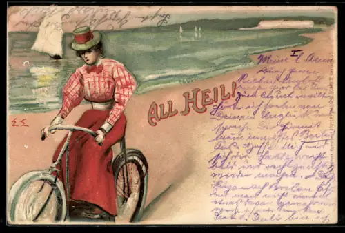 Lithographie Junge Frau fährt mit Fahrrad auf Strand, Segelboot nahe dem Ufer