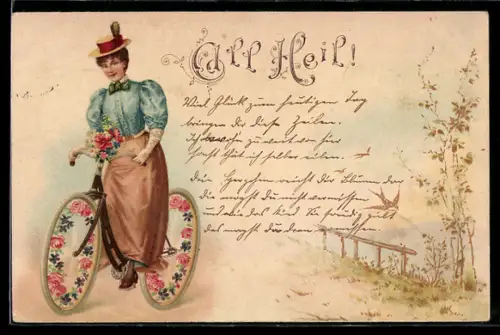 Lithographie Frau auf Fahrrad mit blumengeschmückten Speichen