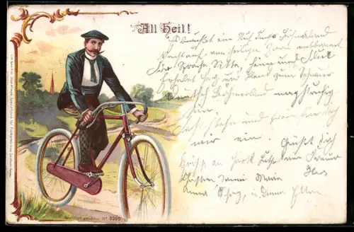 Lithographie Junger Mann auf Fahrrad fährt auf Feldweg