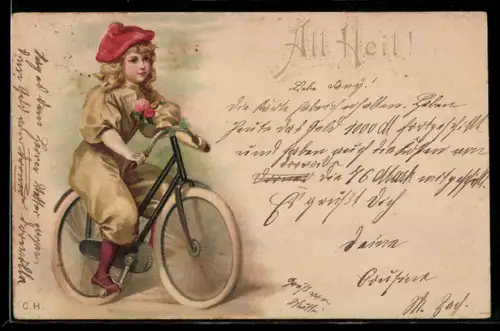 Lithographie Mädchen mit Rosen am Anzug fährt mit ihrem Fahrrad