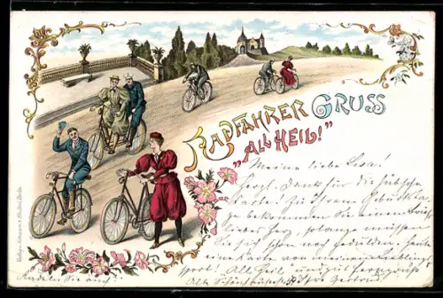 Lithographie Junger Mann auf Fahrrad grüsst Frau, Paar auf Fahrt mit Tandem-Fahrrad