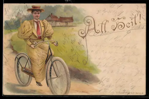 Lithographie All Heil!, Schöne Frau macht eine Fahrradtour