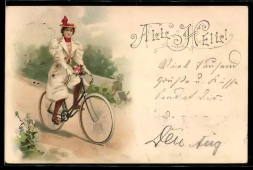Lithographie All Heil!, Dame macht eine Fahrradtour