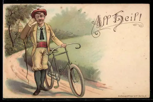 Lithographie All Heil, Mann schiebt sein Fahrrad und trägt Monokel
