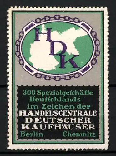 Reklamemarke Berlin & Chemnitz, Handelscentrale Deutscher Kaufhäuser, Deutschlandkarte