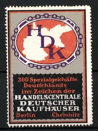 Reklamemarke Berlin Chemnitz, Handelscentrale Deutscher Kaufhäuser, Karte von Deutschland