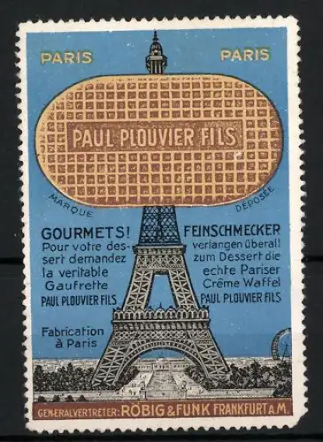 Reklamemarke Paris, Paul Plouvier Fils, Eiffelturm mit Waffel