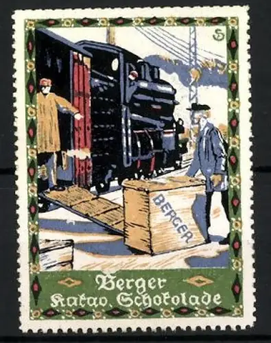 Künstler-Reklamemarke Sigmund von Suchodolski, Berger Kakao Schokolade, Eisenbahn und Arbeiter