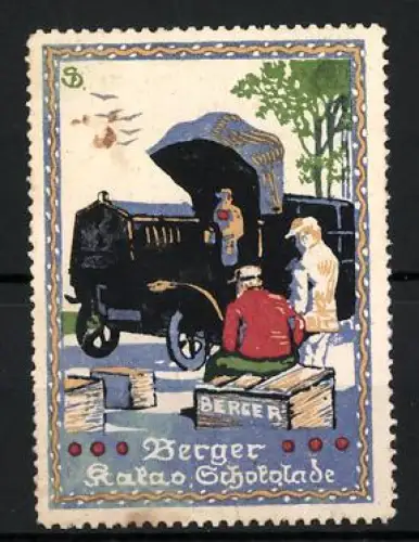 Künstler-Reklamemarke Sigmund von Suchodolski, Berger, Berger Kakao-Schokolade, Lastwagen und Personen