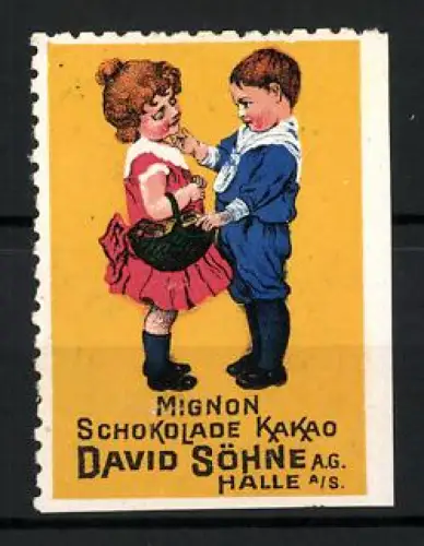 Reklamemarke Halle / Saale, Mignon Schokolade Kakao David Söhne AG, Kinderpaar