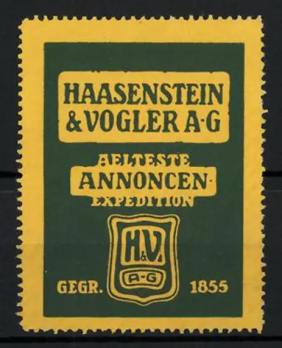 Reklamemarke Haasenstein & Vogler A-G, Älteste Annoncen-Expedition, 1855, H.V. Logo