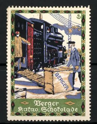 Künstler-Reklamemarke Sigmund von Suchodolski, Berger, Kakao Schokolade, Dampflok und Arbeiter