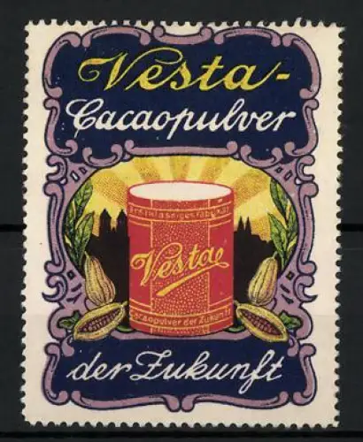 Reklamemarke Vesta-Cacaopulver, Kakaodose mit Kakaobohnen