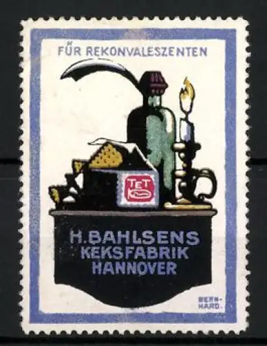 Künstler-Reklamemarke Lucian Bernhard, Hannover, H. Bahlsens Keksfabrik, Kerze und Keksdose